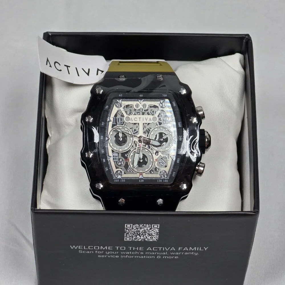 ACTIVA Chronograph Style Watch Olive Green Silicone Strap‎ Skeleton Dial New Box